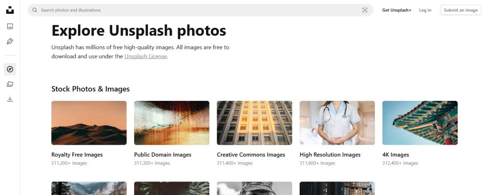 Скриншот стока изображений unsplash